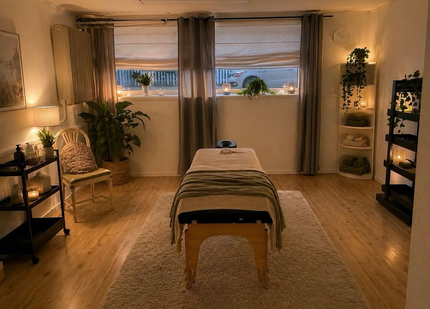 Aurells Hälsokliniks behandlingsrum i Karlstad — varm belysning, växter och massagebänk